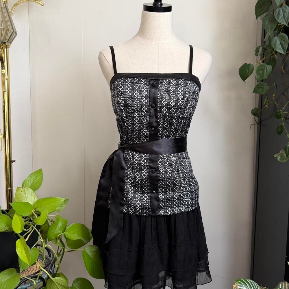Studio Y Women Black White Silver Corset Top Spaghetti Strap Satin Belt Small
